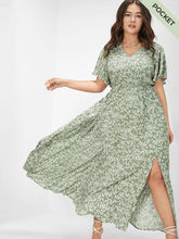 Load image into Gallery viewer, BLOOMCHIC DITSY GREEN FLORAL SPLIT HEM FLUTTER SLEEVE POCKETS DRESS SIZES 12, 14, 16, 18, 20, 22, 24