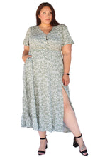 Load image into Gallery viewer, BLOOMCHIC DITSY GREEN FLORAL SPLIT HEM FLUTTER SLEEVE POCKETS DRESS SIZES 12, 14, 16, 18, 20, 22, 24