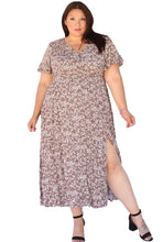 Load image into Gallery viewer, BLOOMCHIC DITSY BROWN FLORAL SPLIT HEM FLUTTER SLEEVE POCKETS DRESS, SIZES 14, 16, 18, 20, 22