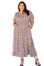 Load image into Gallery viewer, BLOOMCHIC DITSY BROWN FLORAL SPLIT HEM FLUTTER SLEEVE POCKETS DRESS, SIZES 14, 16, 18, 20, 22