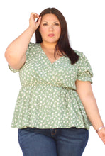 Load image into Gallery viewer, BLOOMCHIC GREEN FLORAL FLUTTER SLEEVE ELASTIC WAIST V NECK, SIZES 12, 14, 20, 22
