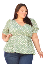 Load image into Gallery viewer, BLOOMCHIC GREEN FLORAL FLUTTER SLEEVE ELASTIC WAIST V NECK, SIZES 12, 14, 20, 22