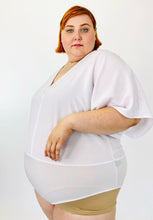 Load image into Gallery viewer, Half-side view of a size 3 Fashion to Figure x Sarah Rae Vargas crisp white wide-sleeved bodysuit with stretch at the bottom on a size 22 model.