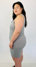 Load image into Gallery viewer, Side view of a size 16 Pretty Little Thing light heather gray sleeveless unitard on a size 14/16 model.
