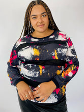 Load image into Gallery viewer, City Chic Black, White, Yellow, and Pink Abstract Pattern Long Sleeve Top with Mesh Stripes