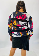 Load image into Gallery viewer, City Chic Black, White, Yellow, and Pink Abstract Pattern Long Sleeve Top with Mesh Stripes