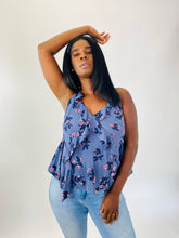 Load image into Gallery viewer, Rebecca Taylor Exclusives Blue Silk Floral Tank Top with Ruffle Details, Size 12