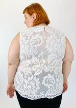 Load image into Gallery viewer, Back view of a size 24W sheer white lace tank blouse from Kasper has a scalloped hem. Model is a size 22.