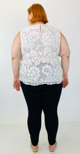 Load image into Gallery viewer, Back view of a size 24W sheer white lace tank blouse from Kasper has a scalloped hem styled with black denim and white slides on a size 22 model.