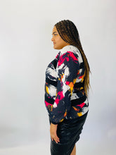 Load image into Gallery viewer, City Chic Black, White, Yellow, and Pink Abstract Pattern Long Sleeve Top with Mesh Stripes