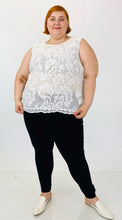 Load image into Gallery viewer, A size 24W sheer white lace tank blouse from Kasper has a scalloped hem styled with black denim and white slides on a size 22 model.