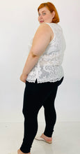 Load image into Gallery viewer, Side view of a size 24W sheer white lace tank blouse from Kasper has a scalloped hem styled with black denim and white slides on a size 22 model.