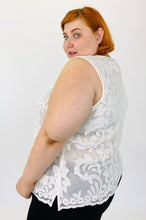 Load image into Gallery viewer, Side view of a size 24W sheer white lace tank blouse from Kasper has a scalloped hem. Model is a size 22.