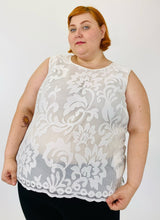 Load image into Gallery viewer, This size 24W sheer white lace tank blouse from Kasper has a scalloped hem. Model is a size 22.