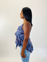 Load image into Gallery viewer, Rebecca Taylor Exclusives Blue Silk Floral Tank Top with Ruffle Details, Size 12
