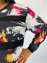 Load image into Gallery viewer, City Chic Black, White, Yellow, and Pink Abstract Pattern Long Sleeve Top with Mesh Stripes