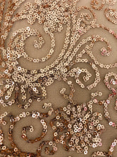 Load image into Gallery viewer, Close up detail shot of the gold sequin pattern on this size 14 Jessica Howard mini dress with high neck and cap sleeves.