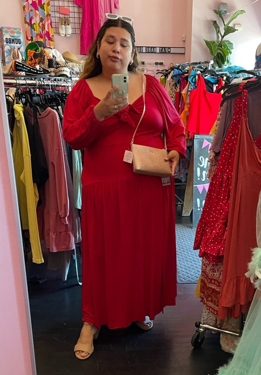 Eloquii Bold Red Long Sleeve Tiered Maxi with Bow Bust Detail Size 20