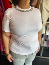 Load image into Gallery viewer, Christopher Kane White Cotton Tee with Silver Bejeweled Neckline Details, Size L/XL