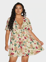 Load image into Gallery viewer, Additional front view of a muted cream, maroon, and green floral plunge neckline midi dress.