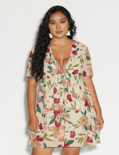 Load image into Gallery viewer, Front view of a muted cream, maroon, and green floral plunge neckline midi dress.