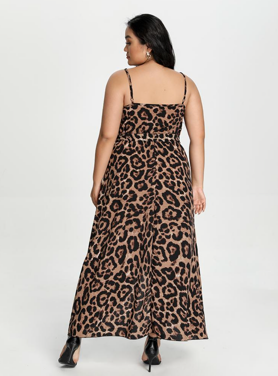 Bloomchic High-Low Leopard Maxi Dress with Sexy Front Slit