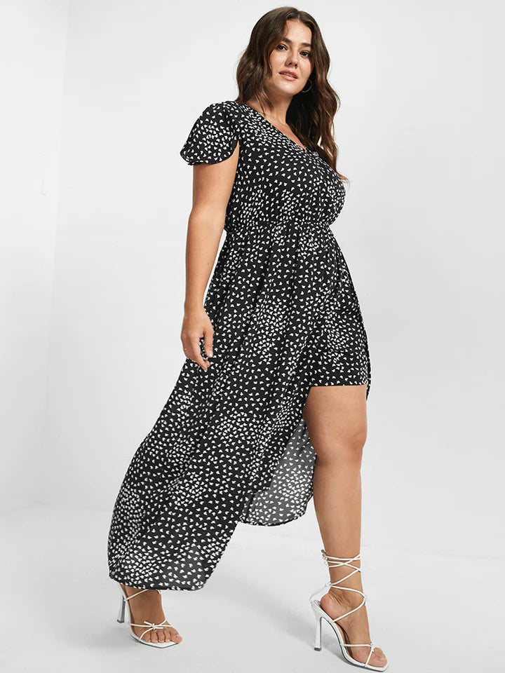 BLOOMCHIC BLACK WHITE BUTTERFLY V NECK SPLIT DRESS BUILT IN SHORTS
