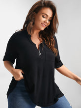 Load image into Gallery viewer, BLOOMCHIC BUTTON UP SLEEVE HALF ZIPPER FLOWY T-SHIRT WITH FRONT CHEST POCKET