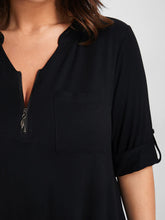 Load image into Gallery viewer, BLOOMCHIC BUTTON UP SLEEVE HALF ZIPPER FLOWY T-SHIRT WITH FRONT CHEST POCKET