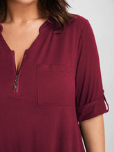 Load image into Gallery viewer, BLOOMCHIC BUTTON UP SLEEVE HALF ZIPPER FLOWY T-SHIRT WITH FRONT CHEST POCKET