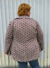 Load image into Gallery viewer, Back view of a size 4 Fashion to Figure x Gabi Fresh off-white and maroon 70s floral blazer with a single button closure styled over a turtleneck and lightwash denim on a size 22/24 model. The photo was taken outside in natural lighting.
