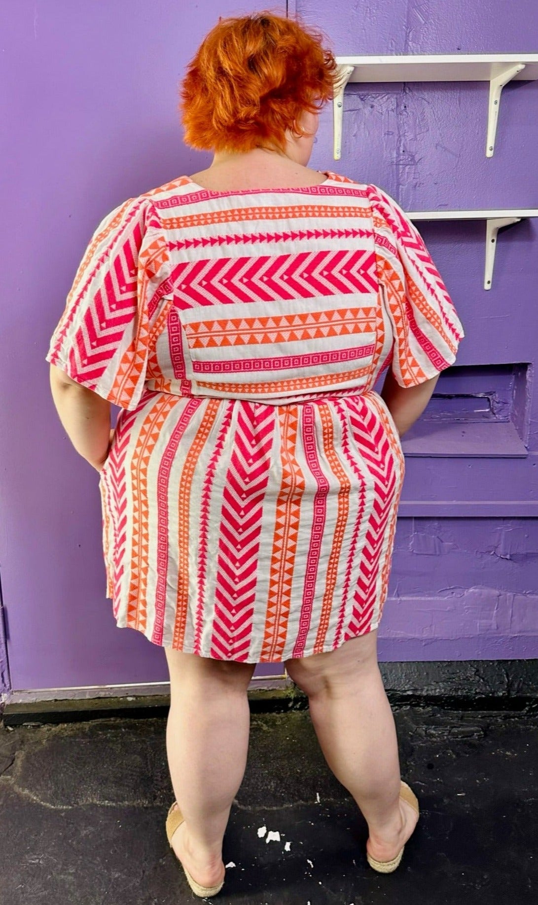 Old Navy White, Pink, and Orange Geometric Print A-Line Mini Dress