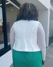 Load image into Gallery viewer, Back view of a size 0 Torrid white collarless blazer styled open over a kelly green wrap dress on a size 16/18 model.
