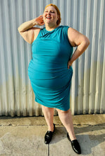 Load image into Gallery viewer, Full-body front view size 24 Lane Bryant teal sleeveless midi dress styled with black loafer slides on a size 22/24 model. The photo is taken outside in natural lighting.
