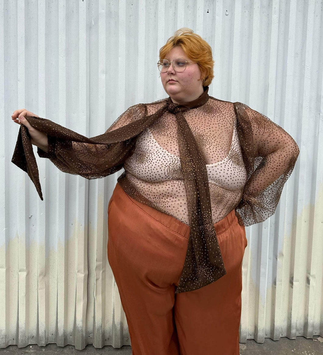 Front view of a size 22/24 Eloquii dark brown sheer puff sleeve pussybow blouse styled tucked into a pair of rust colored silky pants on a size 22/24 model. The photo is taken outside in natural lighting.