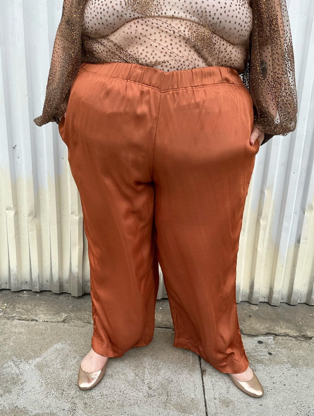 Front view of a pair of size 3X ABLE rust orange colored satin elastic-waist wide leg pants styled with a dark brown sheer shirt and gold flats on a size 22/24 model. The photo is taken outside in natural lighting.