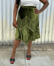 Load image into Gallery viewer, Vestiaire Collective Forest Green Velvet and Mixed Material Handkerchief Hem Skirt, Size 12/14

