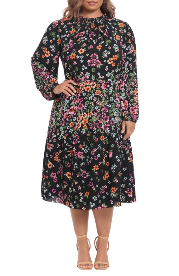 Maggy London Black & Multicolor Floral Mockneck Tiered Maxi Dress, Size 16W