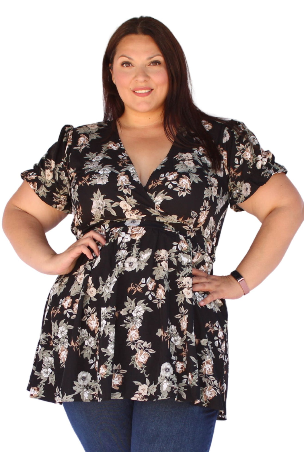 Bloomchic Black, White, and Cream Floral V-Neck Tunic Multiple Sizes