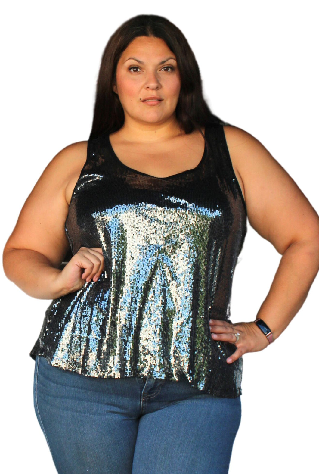 Black Sequin Racer Back Tank, Size 2X