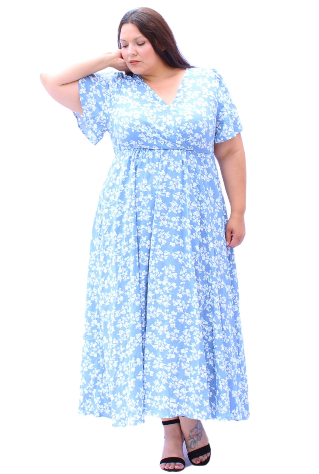 Bloomchic Flutter Sleeve Blue Floral Pocket Maxi Dress, Size 12, 16, 18, 20, 22