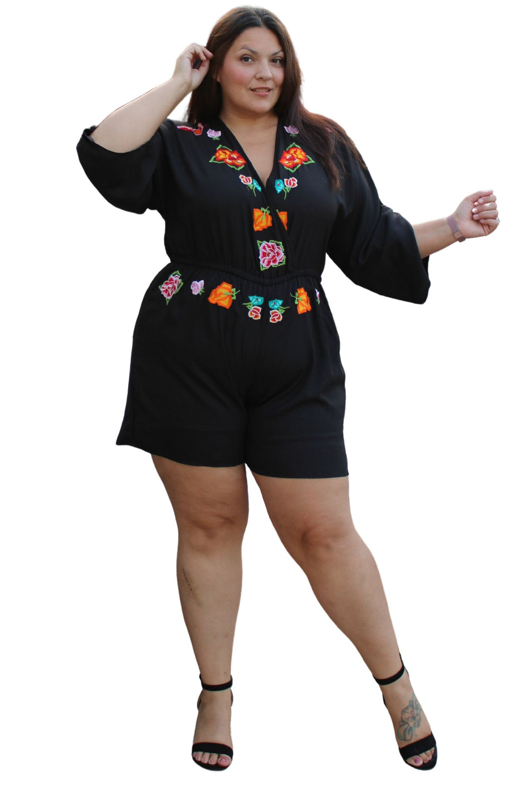 Desigual Black & Rainbow Embroidered Floral Romper, Size XL