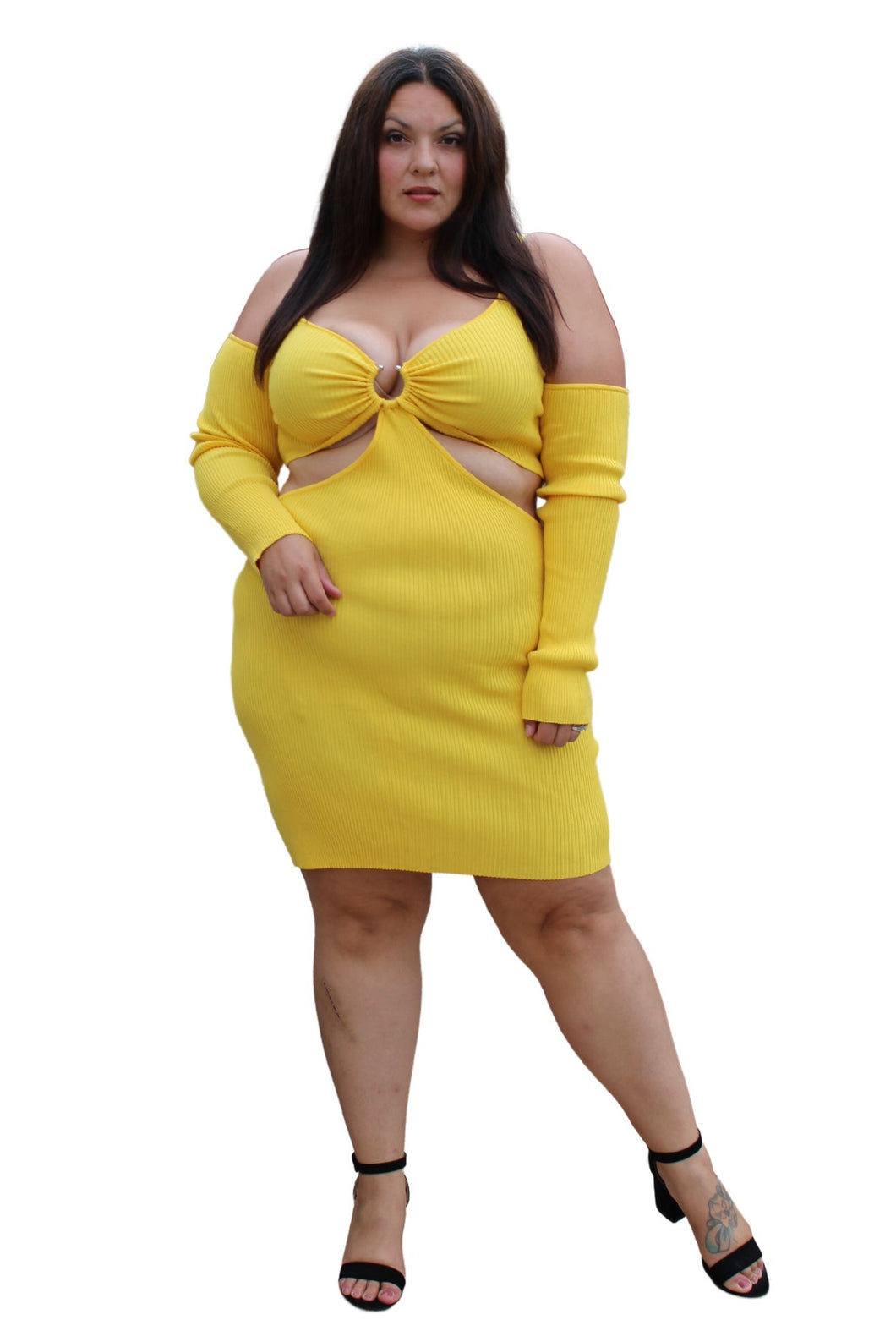 Almost Famous Yellow Long Sleeve Cut Out Dress, Size2X