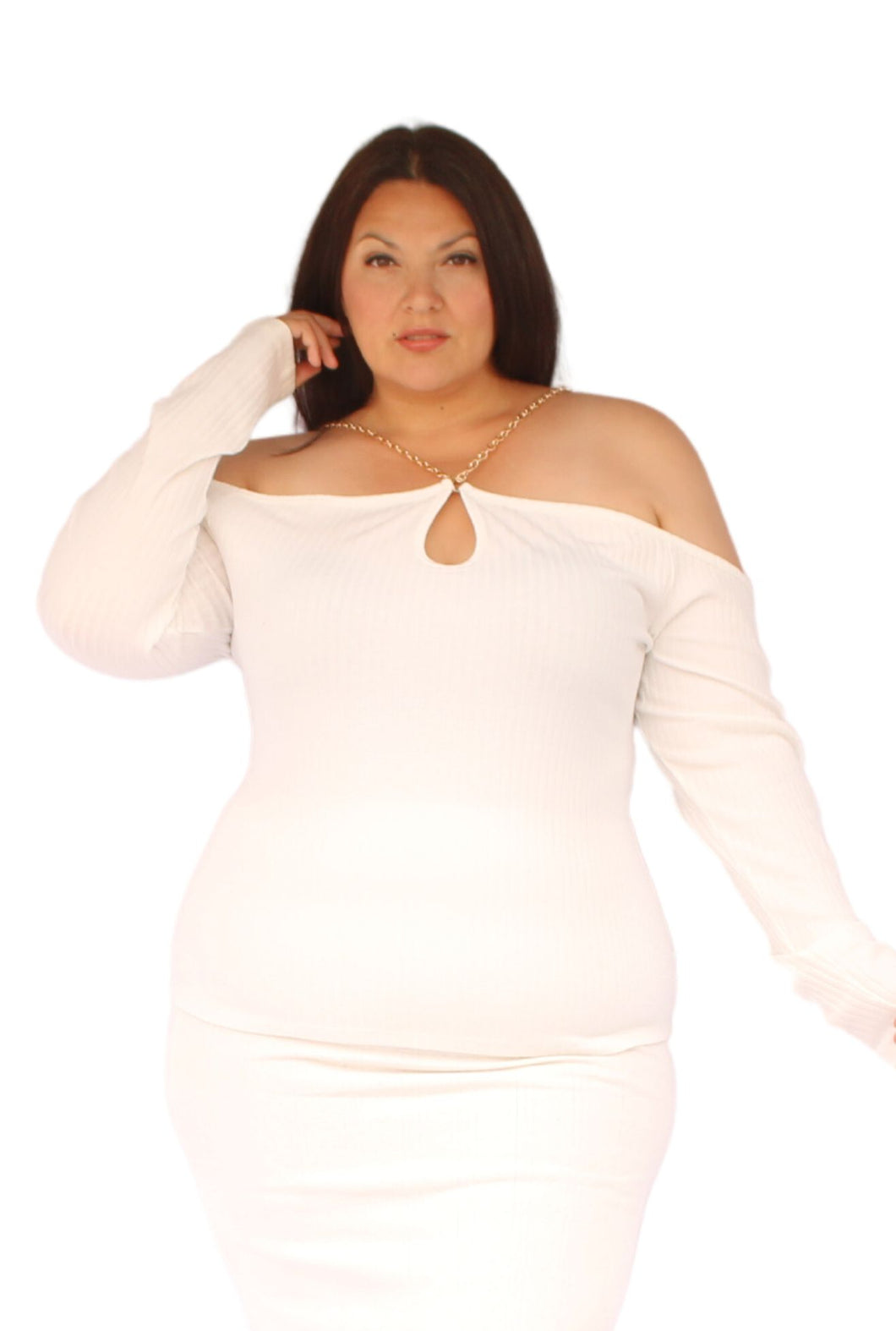 Fashion To Figure Long Sleeve Of the Shoulder White Top, Size 3X