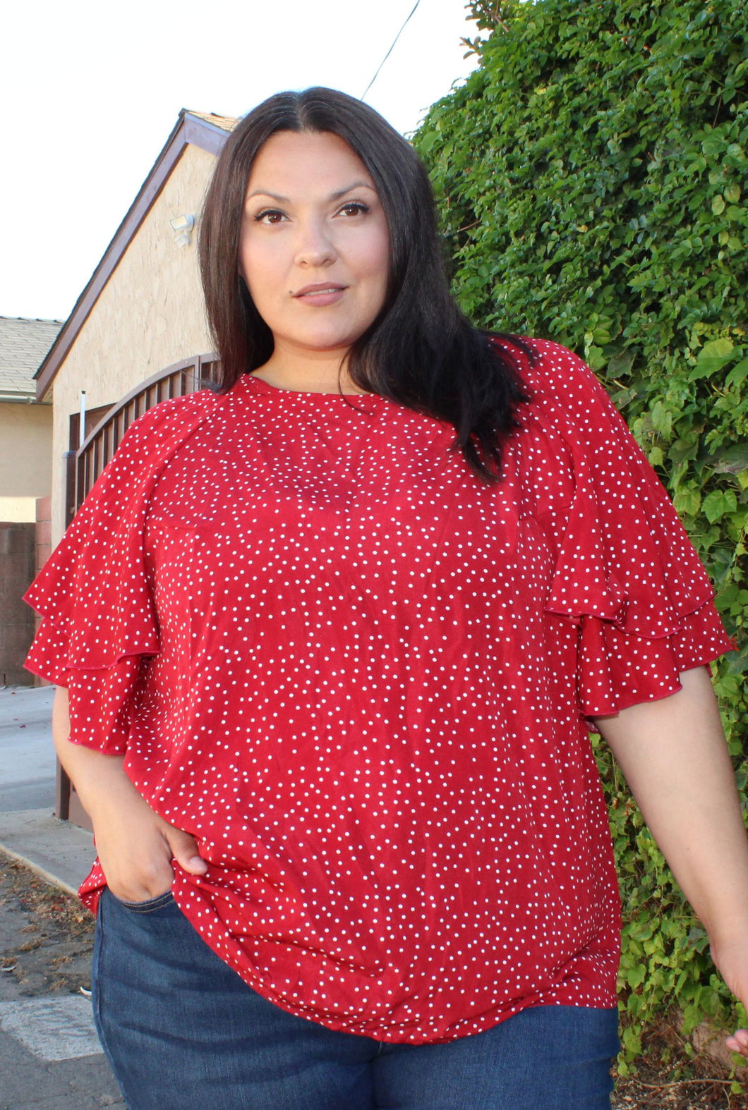 Bloomchic Crew Neck Ruffle Tiered Sleeve Blouse, MULTIPLE COLORS & SIZES