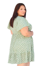Load image into Gallery viewer, BLOOMCHIC V-NECK DITSY FLORAL RUFFLE HEM FLUTTER SLEEVE GREEN DRESS

