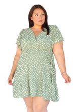 Load image into Gallery viewer, BLOOMCHIC V-NECK DITSY FLORAL RUFFLE HEM FLUTTER SLEEVE GREEN DRESS
