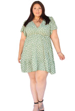 Load image into Gallery viewer, BLOOMCHIC V-NECK DITSY FLORAL RUFFLE HEM FLUTTER SLEEVE GREEN DRESS
