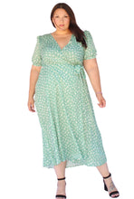 Load image into Gallery viewer, BLOOMCHIC WRAP VNECK MIDI DRESS GREEN PRINT, SIZES 16, 18, 20, 22
