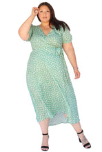 Load image into Gallery viewer, BLOOMCHIC WRAP VNECK MIDI DRESS GREEN PRINT, SIZES 16, 18, 20, 22
